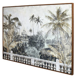 Libra Interiors Aged Palm Pavilion framed canvas wall art showing a sepia-toned lakeside scene with palms, pavilion and balustrade in a brown pine frame.