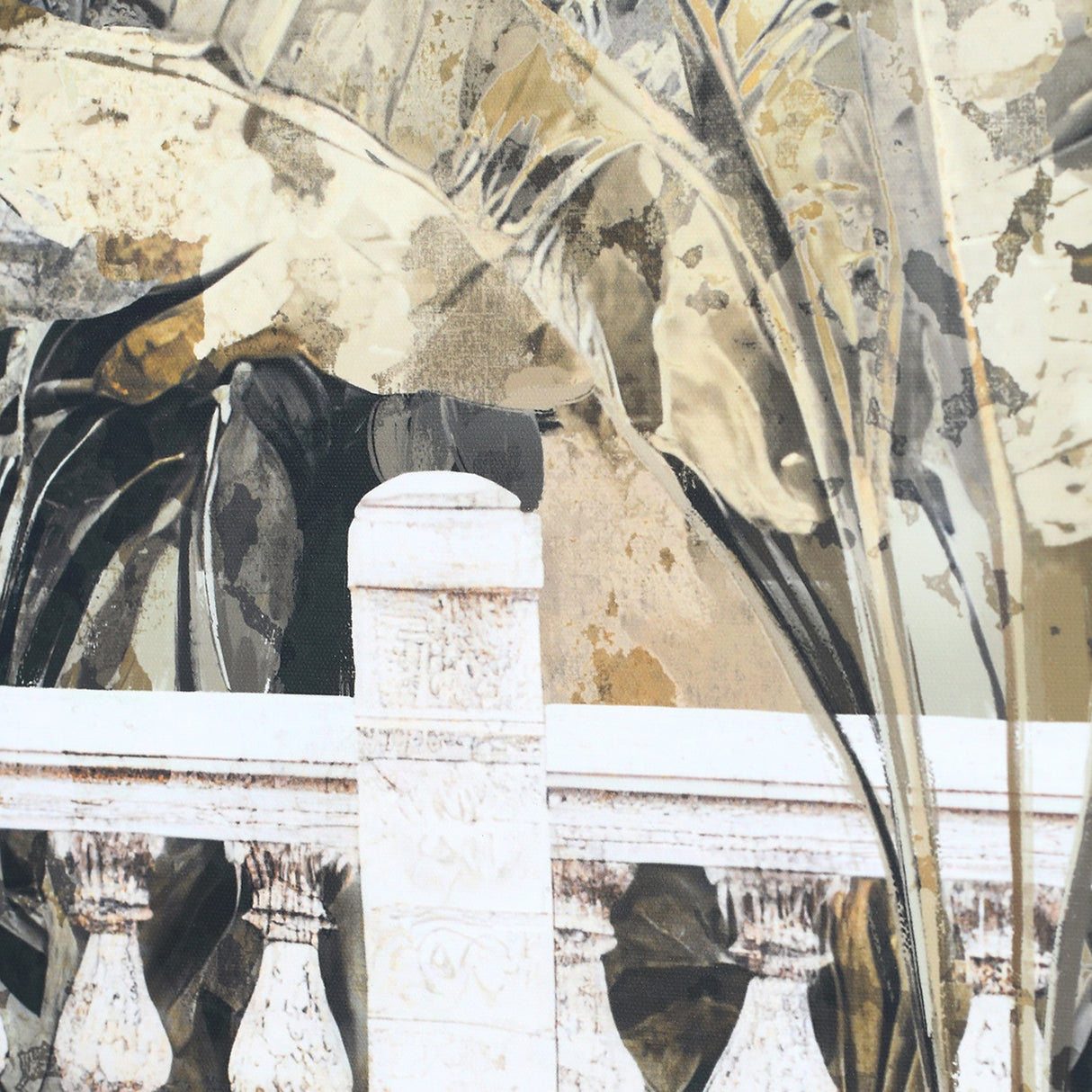 Close-up of Libra Interiors Aged Palm Pavilion canvas wall art showing sepia and olive palm fronds above a weathered white stone balustrade.