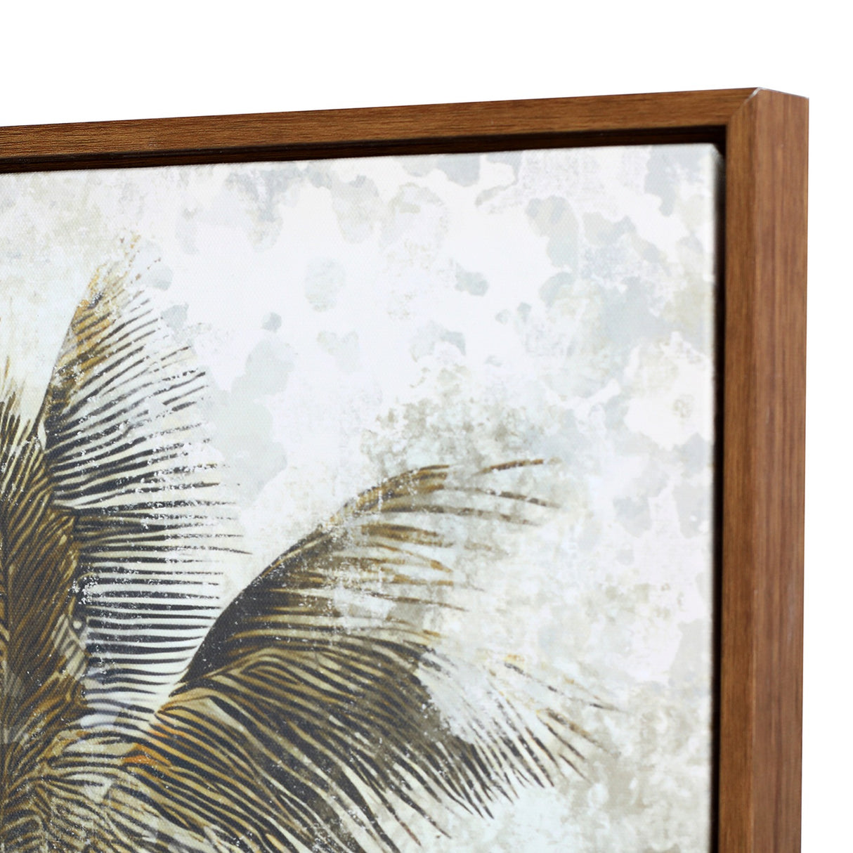 Close-up of the top corner of Libra Interiors Aged Palm Pavilion framed canvas wall art, showing palm fronds in sepia and olive tones within a brown pine frame.