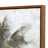 Close-up of the top corner of Libra Interiors Aged Palm Pavilion framed canvas wall art, showing palm fronds in sepia and olive tones within a brown pine frame.