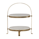 Libra Interiors Marble Two Tier Cake Stand in white with oval Banswara marble platters, corrugated aged gold iron frame and arched handle.