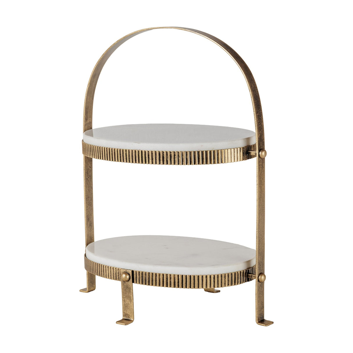 Libra Interiors Marble Two Tier Cake Stand in white with oval Banswara marble tiers, ribbed antique gold iron frame and arched handle.