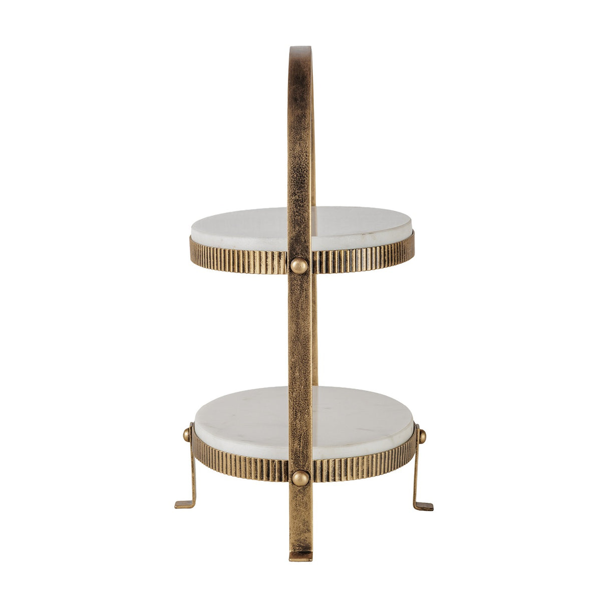 Libra Interiors Marble Two Tier Cake Stand in white with oval Banswara marble tiers, ribbed aged antique gold iron frame and arched handle.