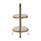 Libra Interiors Marble Two Tier Cake Stand in white with oval Banswara marble tiers, ribbed aged antique gold iron frame and arched handle.