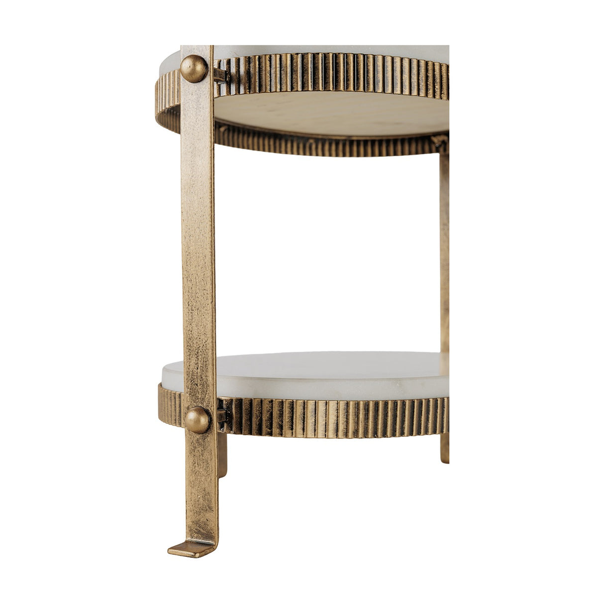 Close-up of the Libra Interiors Marble Two Tier Cake Stand showing oval white marble tiers with corrugated aged antique gold iron rims and ball fixings.