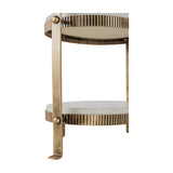 Close-up of the Libra Interiors Marble Two Tier Cake Stand showing oval white marble tiers with corrugated aged antique gold iron rims and ball fixings.