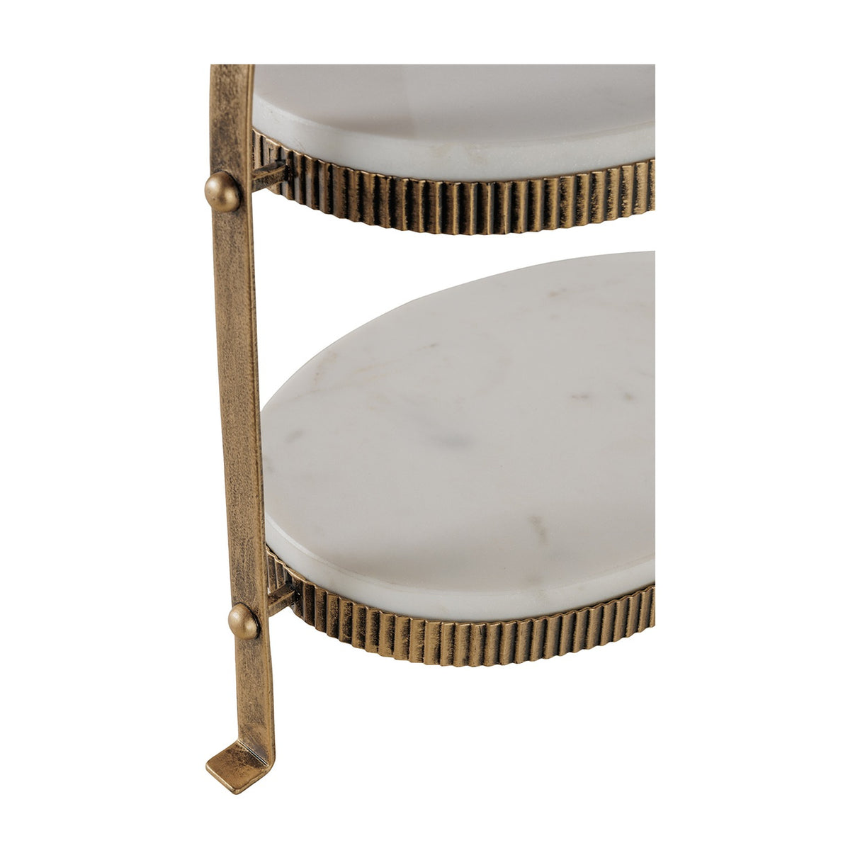 Close-up of Libra Interiors Marble Two Tier Cake Stand in white, showing oval marble tiers with corrugated aged antique gold iron rims and footed base.