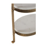 Close-up of Libra Interiors Marble Two Tier Cake Stand in white, showing oval marble tiers with corrugated aged antique gold iron rims and footed base.