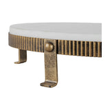 Libra Interiors Marble Oval Cake Stand in white with aged gold iron base, corrugated rim, ball detailing and splayed feet, shown close-up.