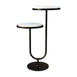 Libra Interiors Two-Tier Marble Top Bronze Side Table with two staggered round white marble platforms on a U-shaped bronze iron frame and round base.