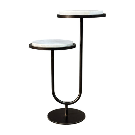 Libra Interiors Two-Tier Marble Top Bronze Side Table with two staggered round white marble platforms on a U-shaped bronze iron frame and round base.
