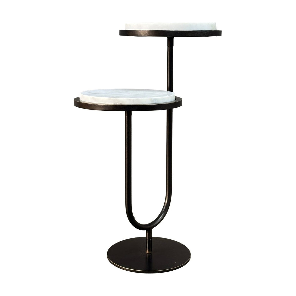Libra Interiors Two-Tier Marble Top Bronze Side Table with two round white marble platforms on a U-shaped dark bronze iron frame and weighted base.