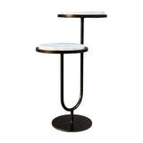 Libra Interiors Two-Tier Marble Top Bronze Side Table with two round white marble platforms on a U-shaped dark bronze iron frame and weighted base.