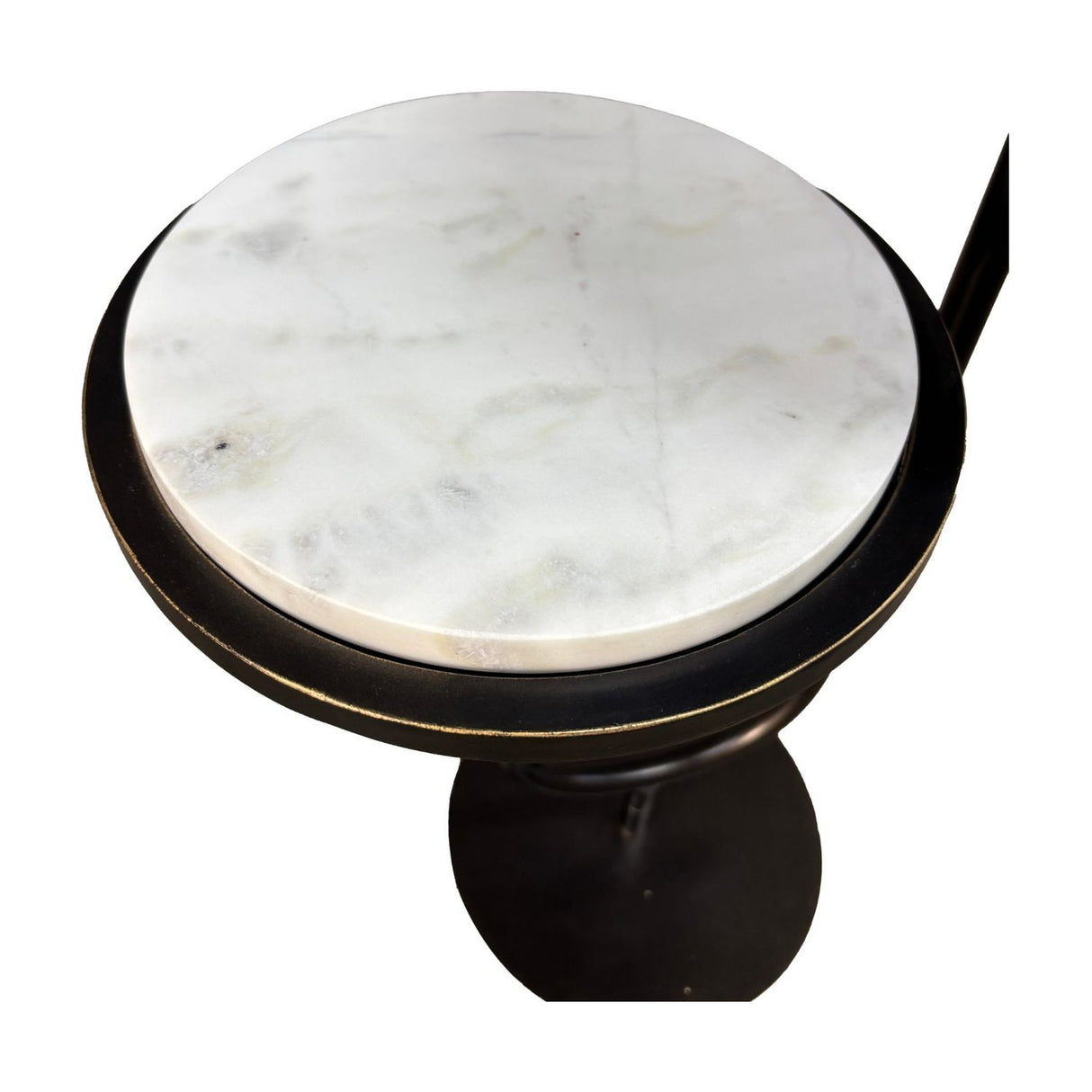 Libra Interiors Two-Tier Marble Top Bronze Side Table with a round white Banswara marble surface set in a gilded dark bronze iron rim.