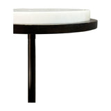 Close-up of the Libra Interiors Two-Tier Marble Top Bronze Side Table showing the white marble top set within a dark bronze iron rim and slim stem.