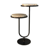 Libra Interiors Two-Tier Marble Dual-Top side table in bronze, with staggered circular Forest Brown marble tops on a looped iron frame and round base.
