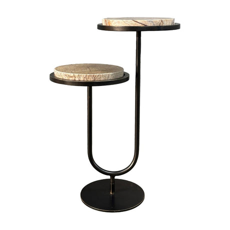 Libra Interiors Two-Tier Marble Dual-Top side table in bronze, with staggered circular Forest Brown marble tops on a looped iron frame and round base.