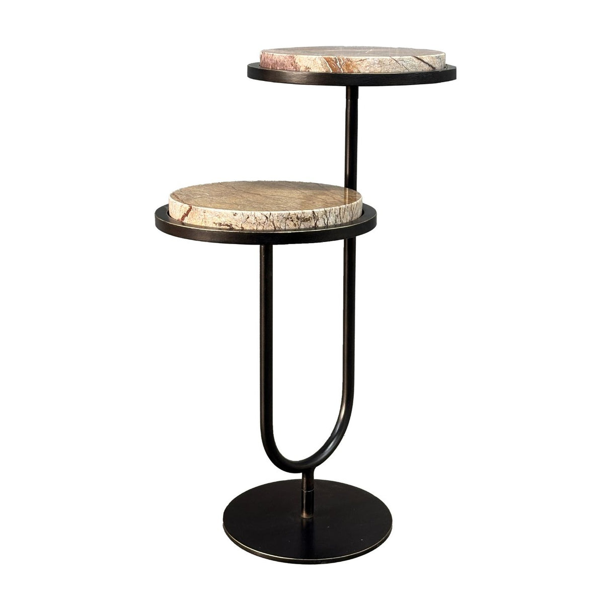 Libra Interiors Two-Tier Marble Dual-Top Side Table in bronze, with two staggered circular Forest Brown marble tops on a looped iron frame and round base.