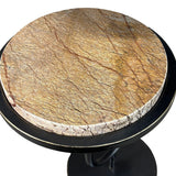 Top-down view of the Libra Interiors Two-Tier Marble Dual-Top Side Table in Bronze, showing the circular Forest Brown marble surface with red veining.