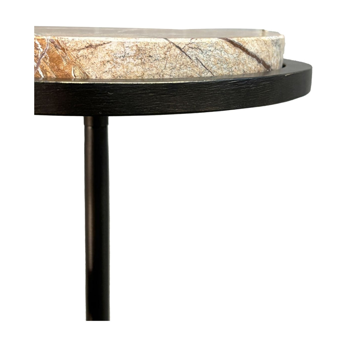 Close-up of the Libra Interiors Two-Tier Marble Dual-Top Side Table showing Forest Brown marble top with veining and slender bronze iron stem.
