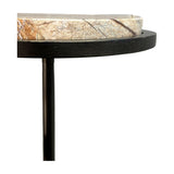 Close-up of the Libra Interiors Two-Tier Marble Dual-Top Side Table showing Forest Brown marble top with veining and slender bronze iron stem.