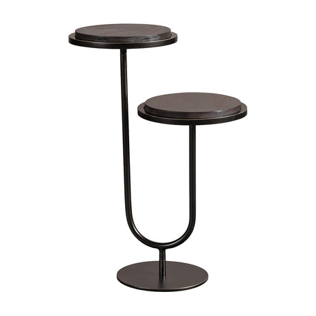Libra Interiors Two-Tier Mango Wood Side Table in bronze, with two staggered circular walnut-finish tops on a curved iron U-frame and round base.