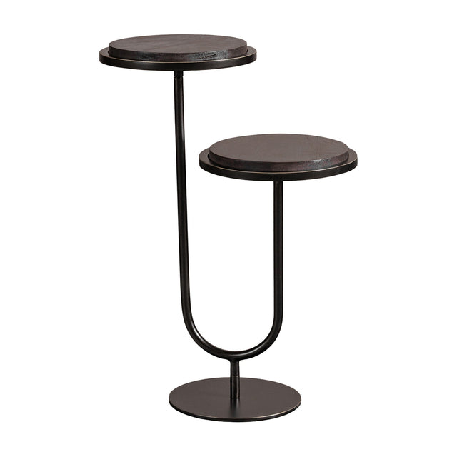 Libra Interiors Two-Tier Mango Wood Side Table in bronze, with two staggered circular walnut-finish tops on a curved iron U-frame and round base.