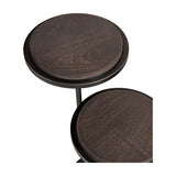 Close-up of Libra Interiors Two-Tier Mango Wood Side Table in bronze, showing two staggered circular sandblasted walnut tops with dark bronze rims.