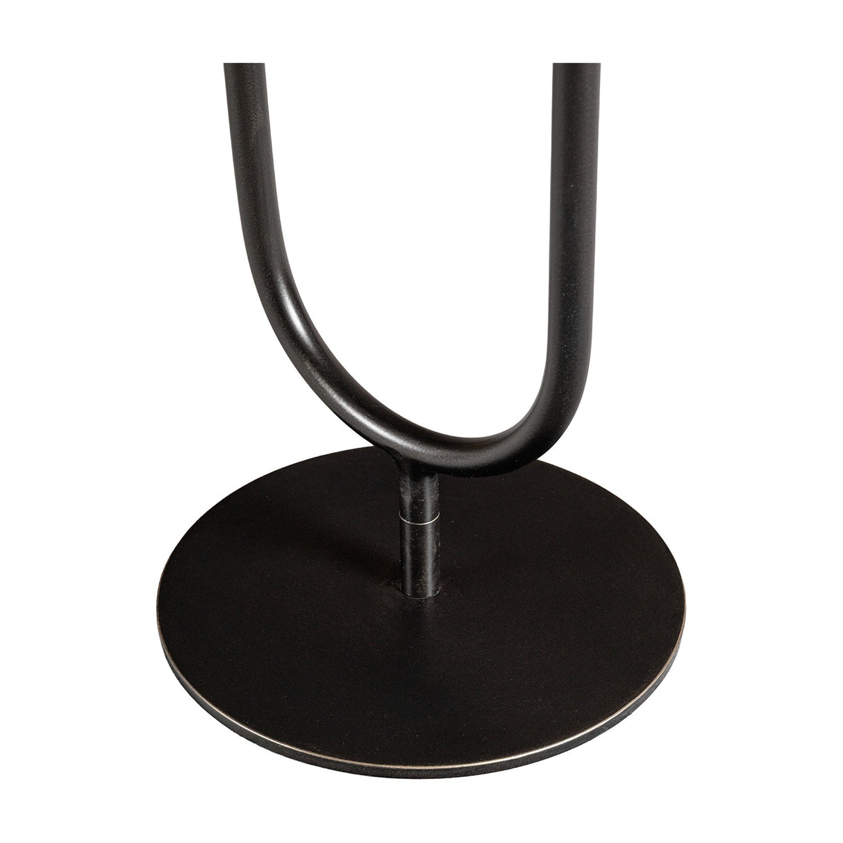Close-up of the Libra Interiors Two-Tier Mango Wood Side Table base, showing the round iron footplate and curved tubular support in dark bronze.