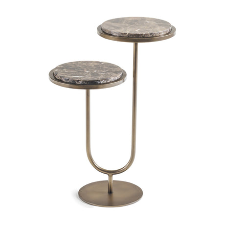 Libra Interiors Two-Tier Marble Dark Emperador Side Table with staggered round tops on a burnished bronze iron frame and weighted base.