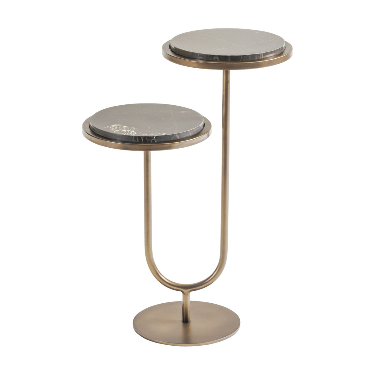 Libra Interiors Two-Tier Marble Burnished Gold Side Table in brown, with two staggered round marble tops on a U-shaped bronze iron frame and round base.