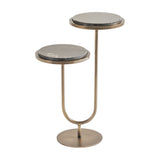 Libra Interiors Two-Tier Marble Burnished Gold Side Table in brown, with two staggered round marble tops on a U-shaped bronze iron frame and round base.