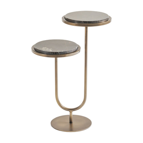 Libra Interiors Two-Tier Marble Burnished Gold Side Table in brown, with two staggered round marble tops on a U-shaped bronze iron frame and round base.