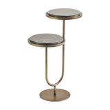 Libra Interiors Two-Tier Marble Side Table with staggered round brown marble tops on a U-shaped burnished gold iron frame and round base.