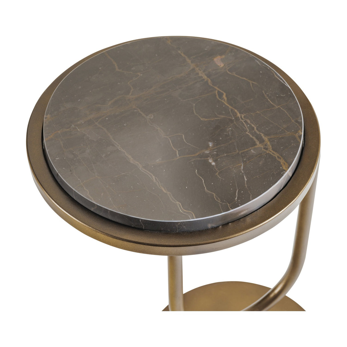 Close-up of the Libra Interiors Two-Tier Marble Burnished Gold Side Table showing the round brown Italian marble top set in a burnished gold iron ring.