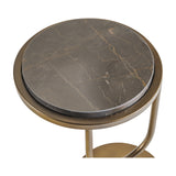 Close-up of the Libra Interiors Two-Tier Marble Burnished Gold Side Table showing the round brown Italian marble top set in a burnished gold iron ring.