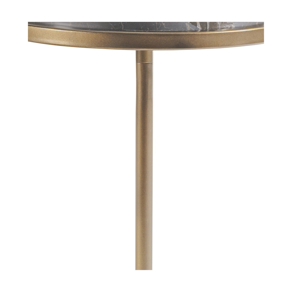Close-up of the Libra Interiors Two-Tier Marble Side Table showing a dark marble top edge set in a burnished gold iron ring above a slim tubular stem.