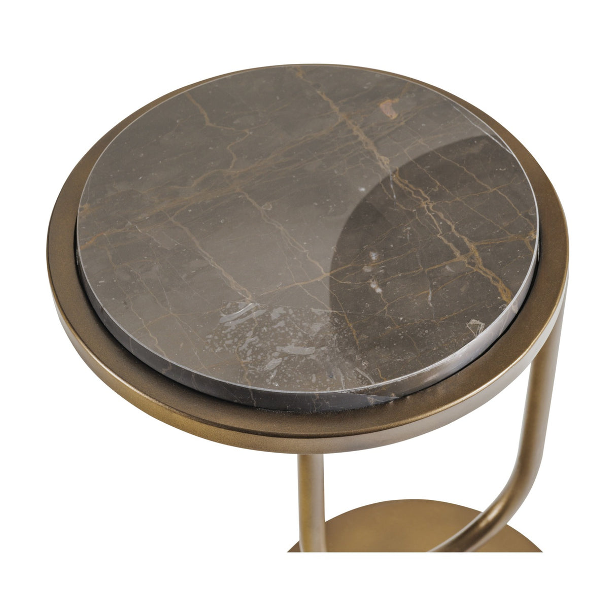 Close-up of the Libra Interiors Two-Tier Marble Side Table showing the round brown Italian marble top set into a burnished gold iron ring.