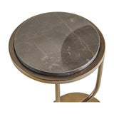 Close-up of the Libra Interiors Two-Tier Marble Side Table showing the round brown Italian marble top set into a burnished gold iron ring.