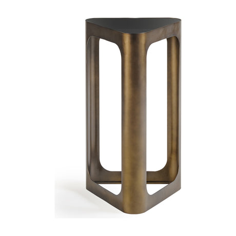 Libra Interiors Triangular Smoked Gold Iron Side Table in bronze, with an open three-sided iron frame and black tinted glass top, on a white background.