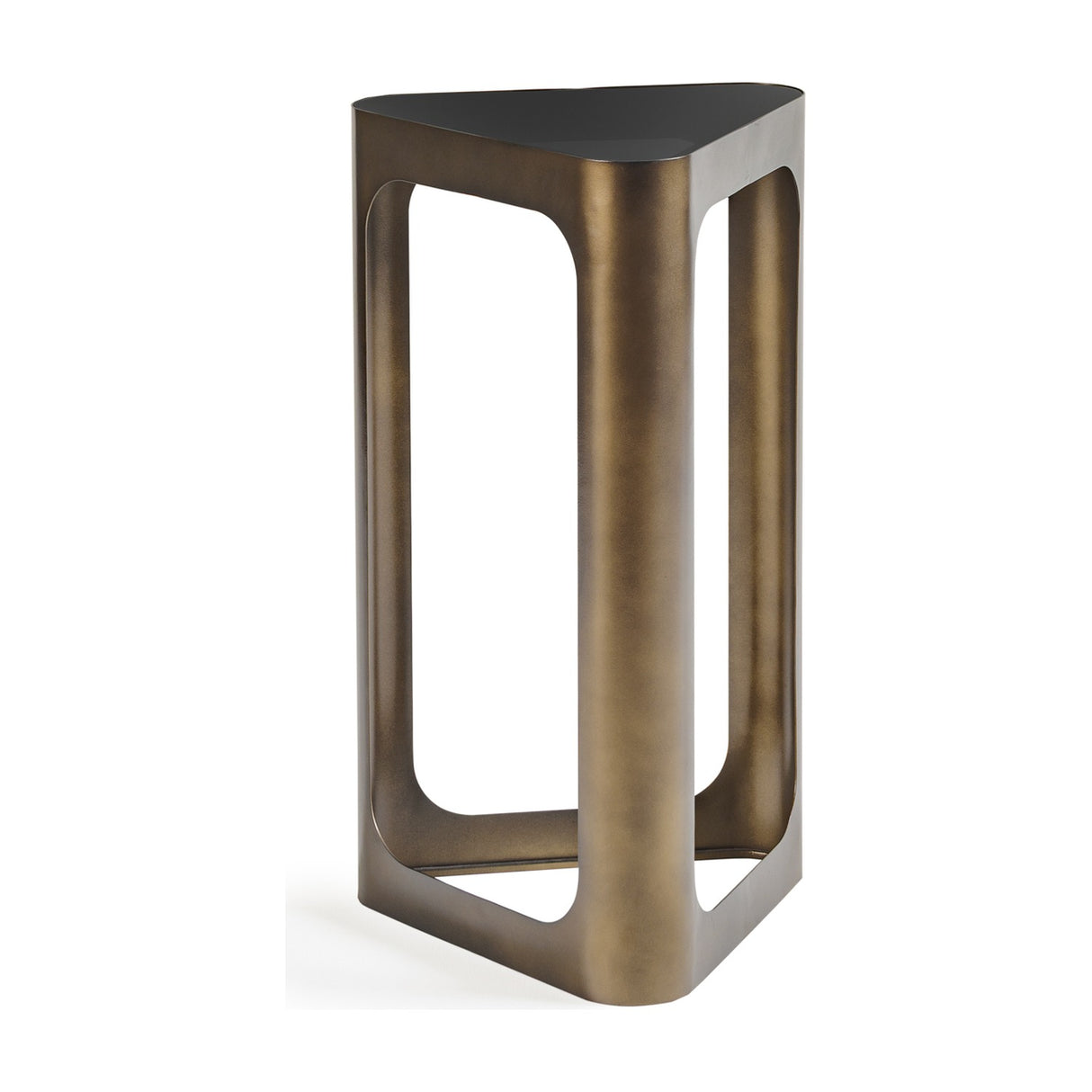 Libra Interiors Triangular Smoked Gold Iron Side Table in bronze with open-frame metalwork and black tinted glass top, on a plain background.
