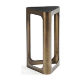 Libra Interiors Triangular Smoked Gold Iron Side Table in bronze with open-frame metalwork and black tinted glass top, on a plain background.