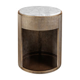 Libra Interiors Marble Top Bedside Table with Drawer in Gold, round champagne gold ridged iron frame, white marble top and tinted glass lower shelf.