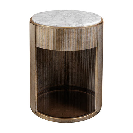 Libra Interiors Marble Top Bedside Table with Drawer in Gold, round champagne gold ridged iron frame, white marble top and tinted glass lower shelf.