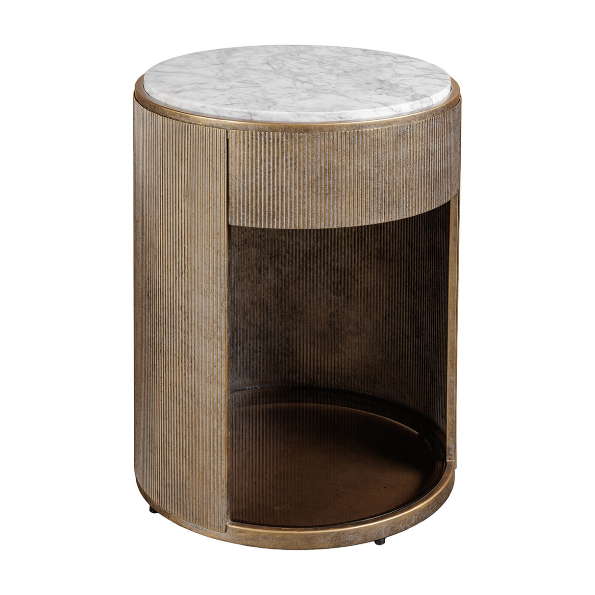 Libra Interiors round bedside table with white marble top, champagne gold ridged iron frame, drawer, and tinted glass lower shelf on plain background.