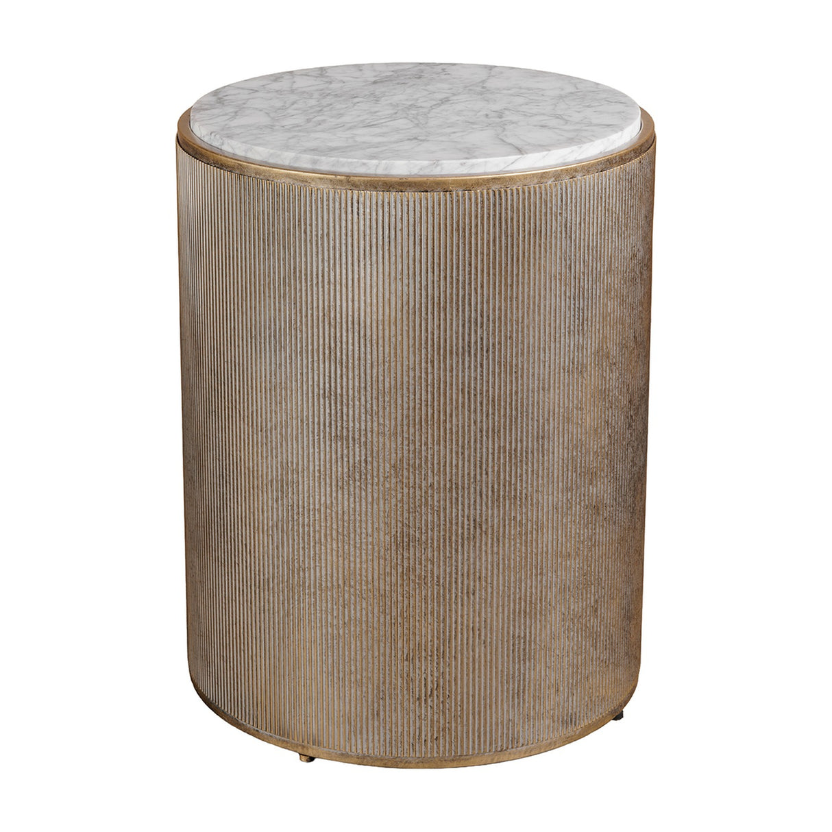 Libra Interiors Marble Top Bedside Table in gold with white marble top and ridged champagne gold cylindrical iron frame on a plain white background.