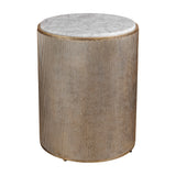 Libra Interiors Marble Top Bedside Table in gold with white marble top and ridged champagne gold cylindrical iron frame on a plain white background.
