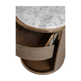 Libra Interiors Marble Top Bedside Table in gold with white marble top, open drawer revealing interior, and ridged champagne gold corrugated iron frame.