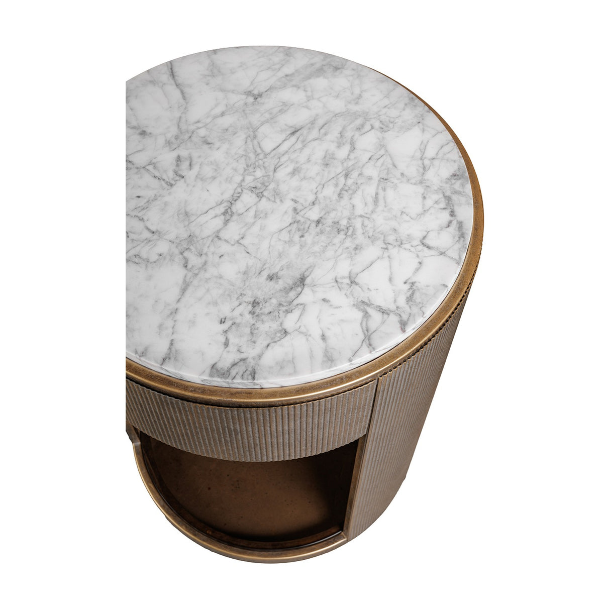 Libra Interiors Marble Top Bedside Table with white Banswara marble surface, corrugated champagne gold iron frame and tinted glass lower shelf.