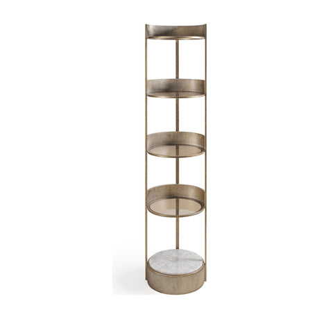 Libra Interiors Ribbed Iron & Marble round shelving unit in gold with five tiers, tinted glass shelves and white marble base, on a plain background.